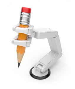 Robotic hand holding pencil 3d. Artificial intelligence. Isolate