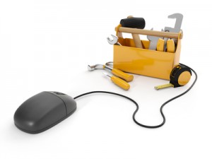 3d illustration: Online tools, technical support. Mouse and a gr