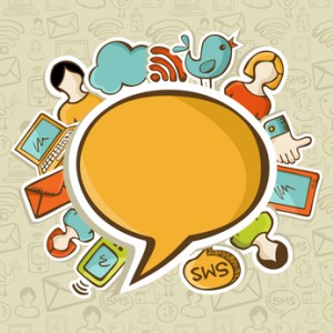 Social networks icons around the speech bubble over seamless pattern. Vector illustration layered for easy manipulation and custom coloring.